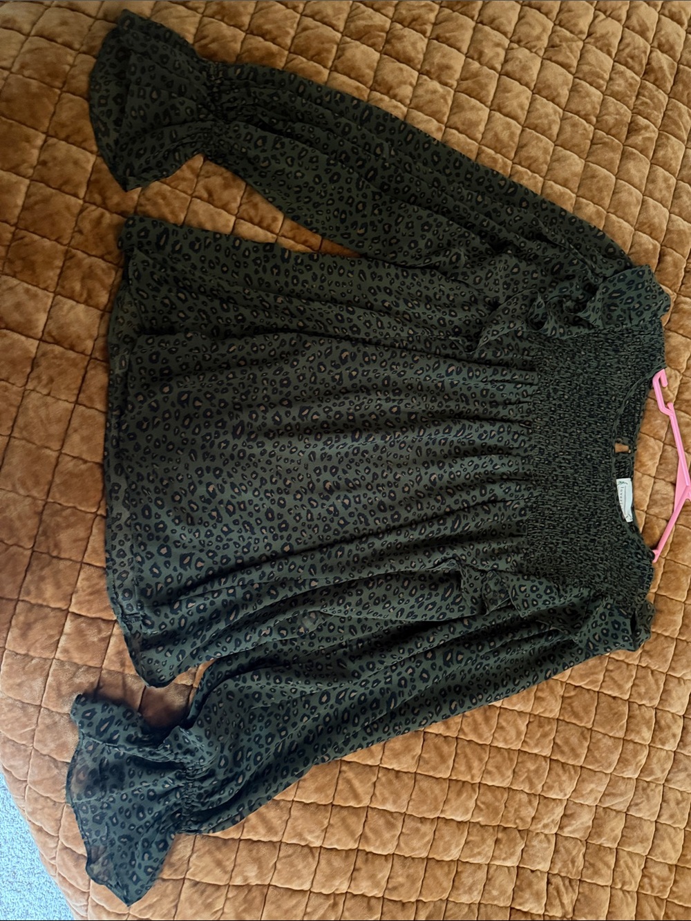 Smocked Neck Leopard Print Top in Deep Green and Black